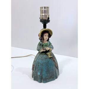 Antique Cast Pot Metal Lamp Colonial Girl Spelter Door Stop Statue 10in